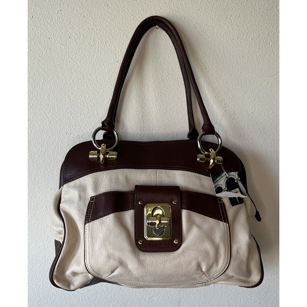 B. Makowsky Cream Brown Leather Silver Gold Hardware Shoulder Large Handbag New